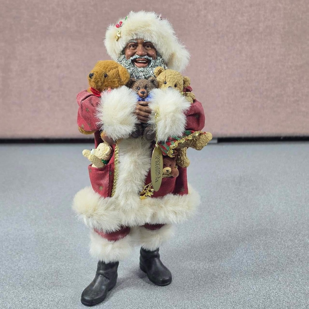 Possible Dreams Clothtique Black Santa Figurine 11" Burgundy Teddy Bears Exc